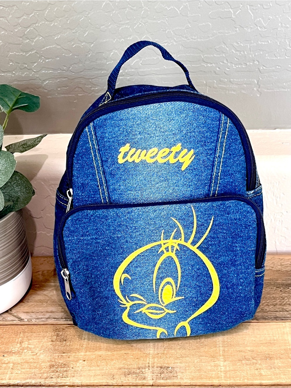Vintage Looney Tunes Tweety Bird Blue Denim Mini Backpack
